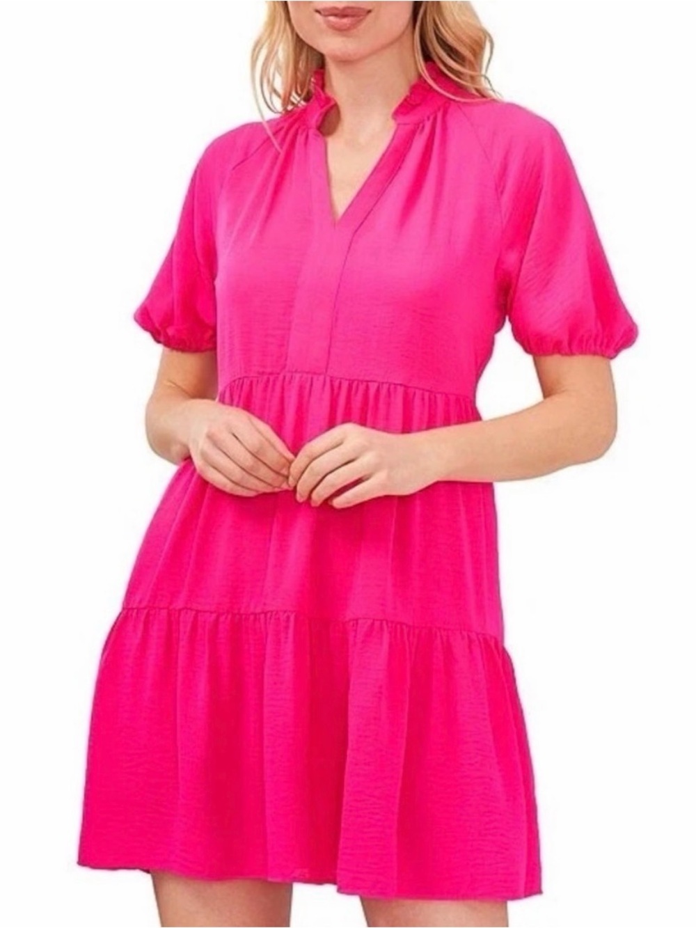 CeCe Hot Pink Tiered V-Neck Mini Dress